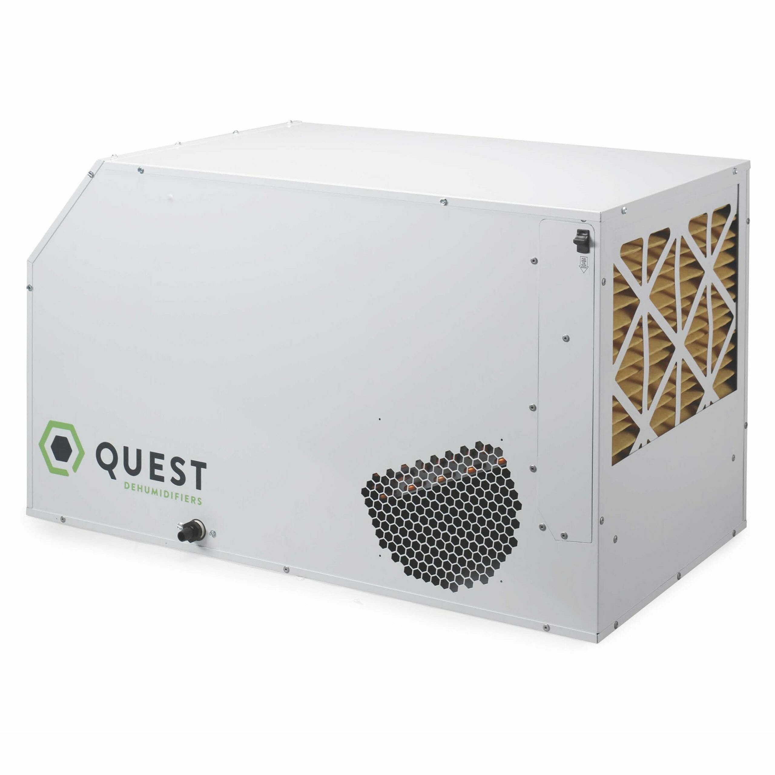 White dehumidifier with a hexagonal logo, featuring a honeycomb air intake and ventilation grilles on the side.