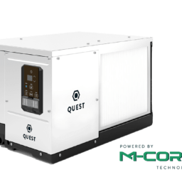 White Quest 100 Dehumidifier with black corrosion resistant base, digital controls, and MERV-13 filter on the side.