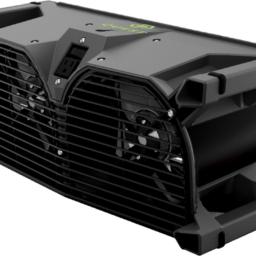 Black rectangular box fan with dual axials. It shows a lime green Quest logo on the top.