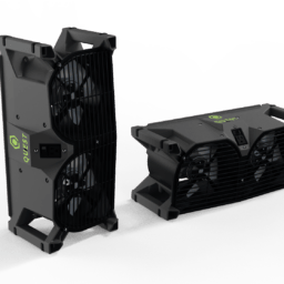 Low-profile, rectangular, black fan with dual axial shown standing vertically and horizontal. A lime green Quest logo is on the top.