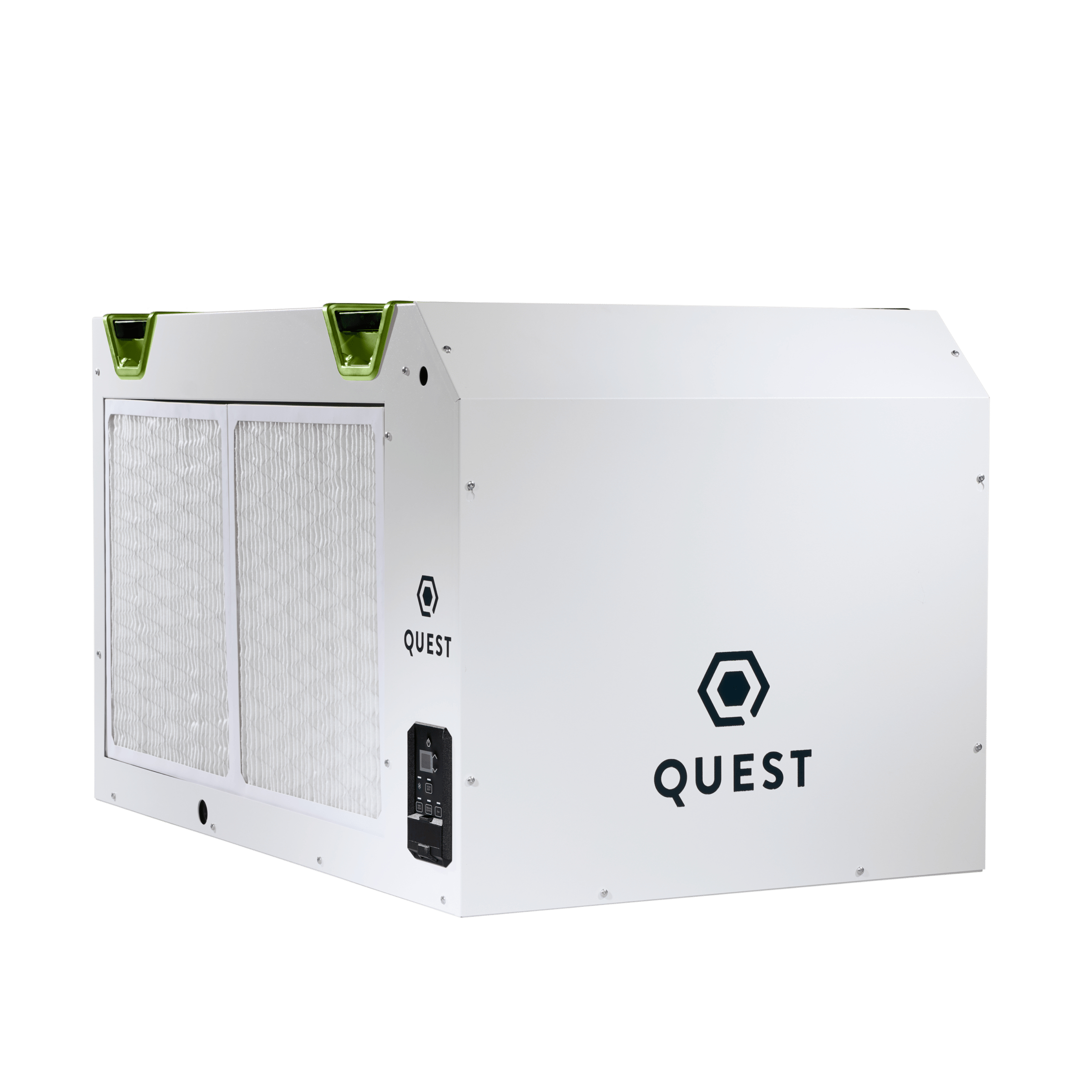 Unidad de filtración de aire blanca con un logotipo "QUEST" destacado y manijas verdes, con dos paneles de filtro de malla.