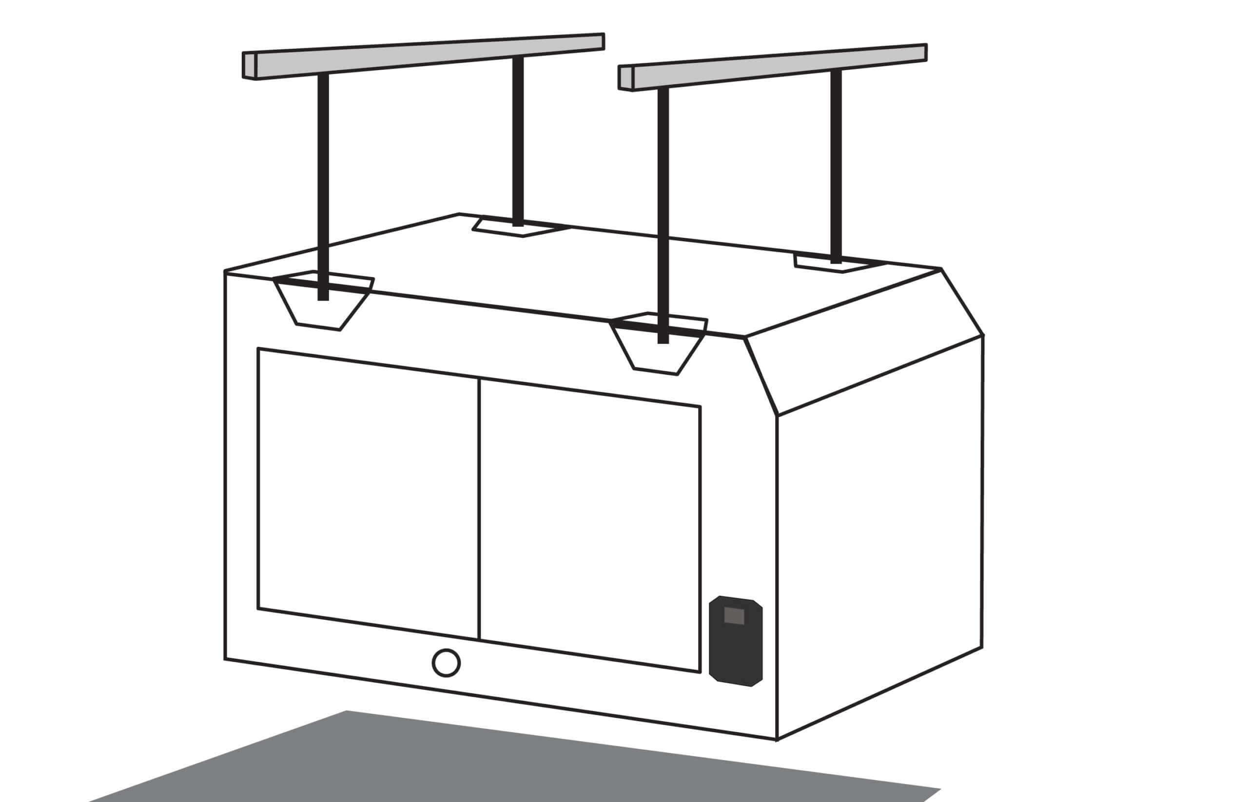Large dehumidifier hanging from the ceiling by four rods connected to unistrut.