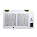 White air filtration unit with two striped filters, green accents, and a control panel on the right side.