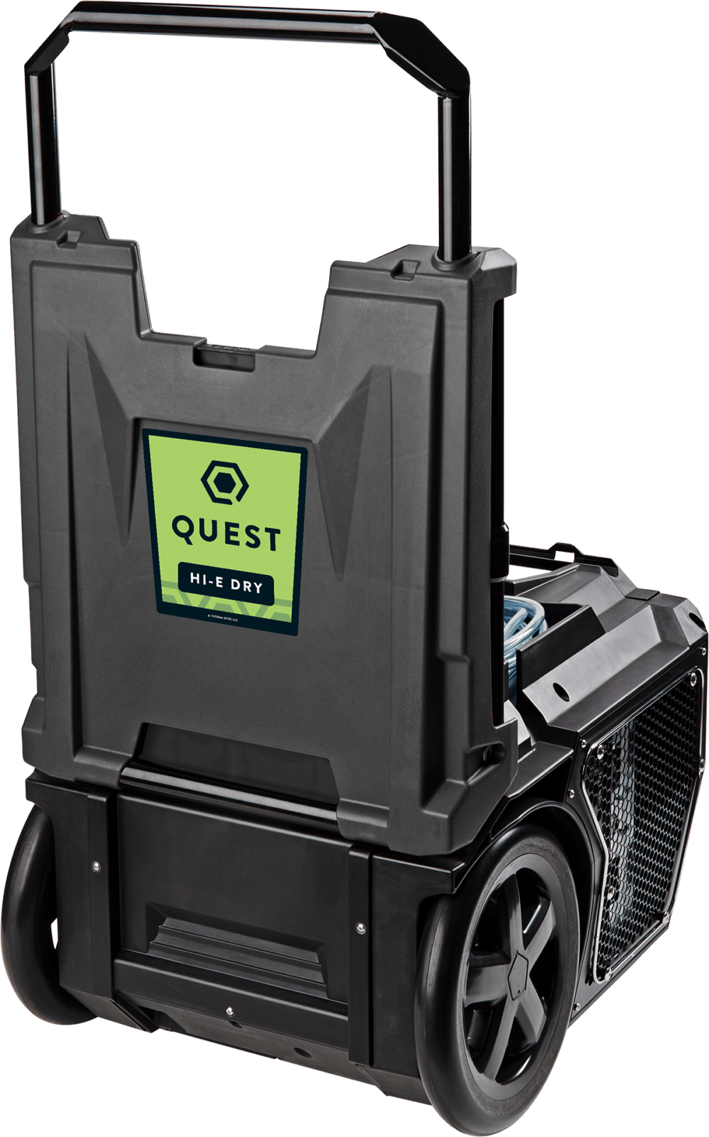 Quest HI-E Dry 140 portable dehumidifier with large wheels and extendable handle