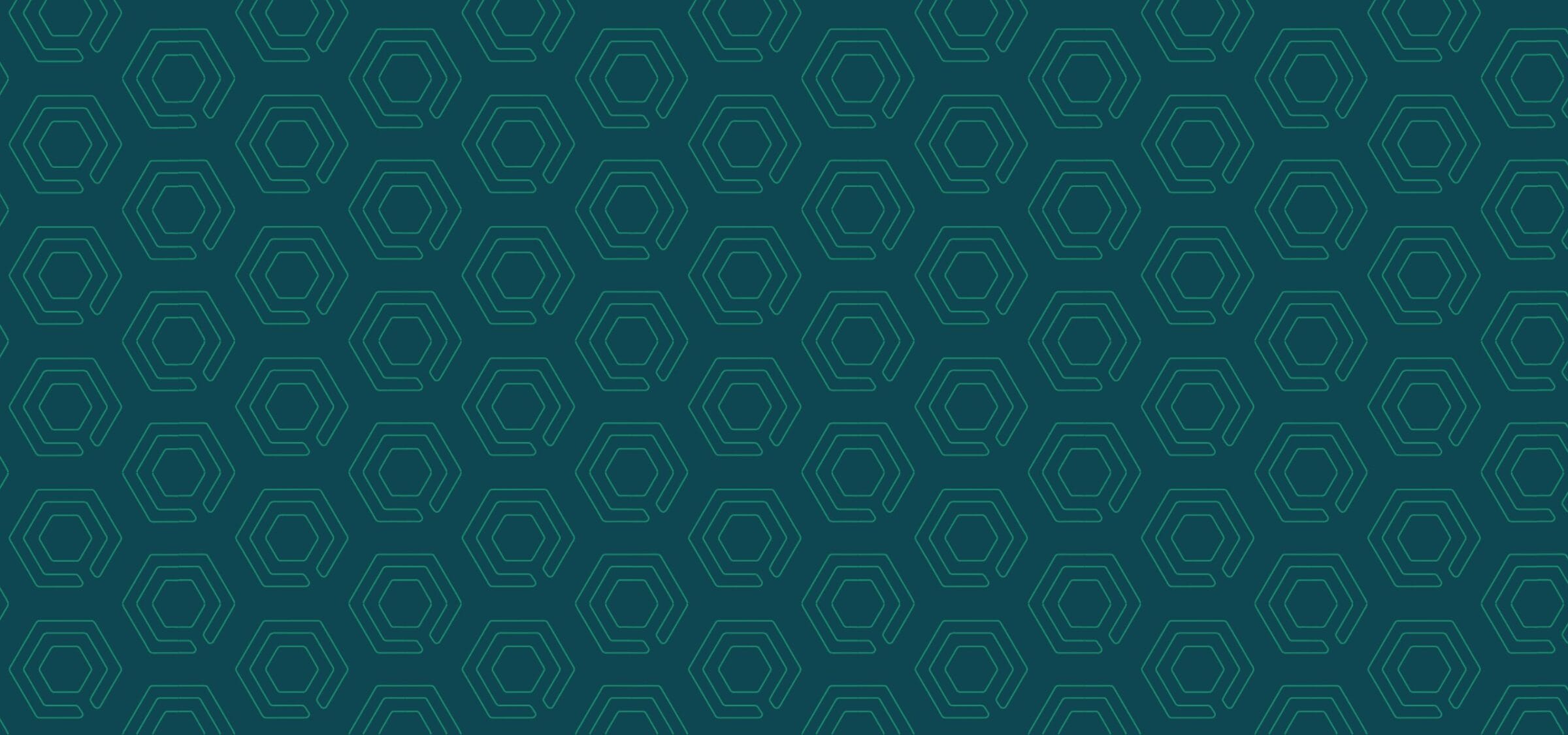 Patrón geométrico que presenta hexágonos interconectados en un fondo verde azulado con contornos finos de color verde claro.