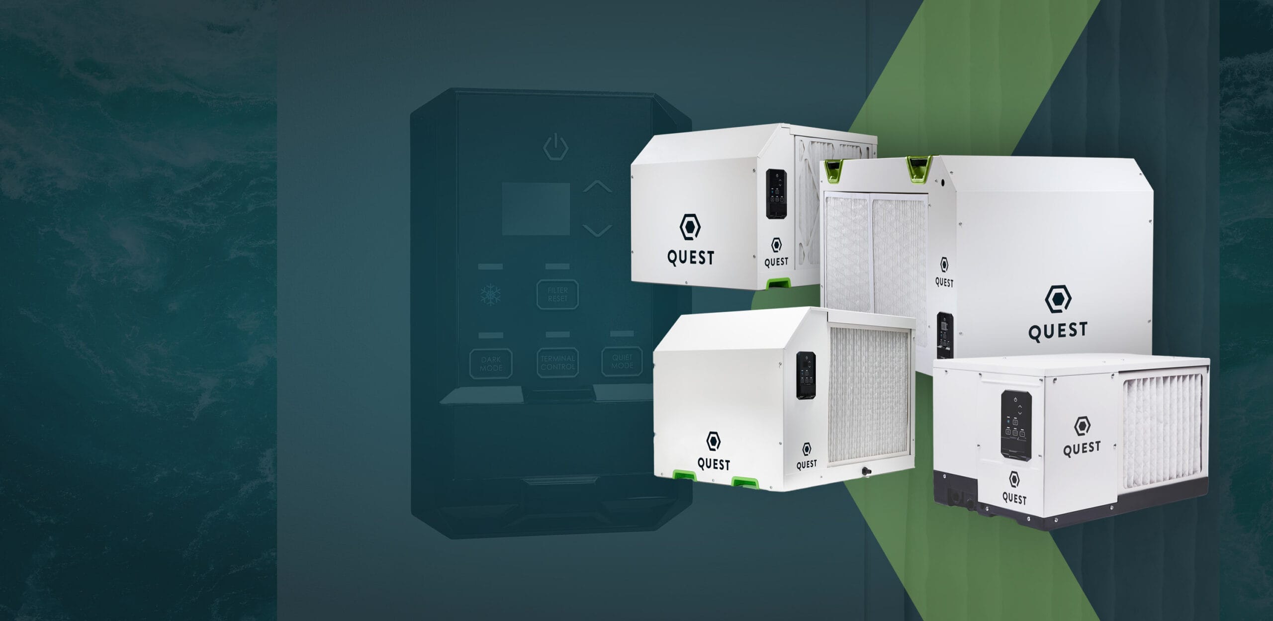 Four white Quest dehumidifiers arranged against a dark background, featuring control panels and green accents.