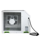 Dispositivo electrónico de color blanco con diseño en forma de panal, que presenta un ventilador visible y un cable de alimentación en el lateral.