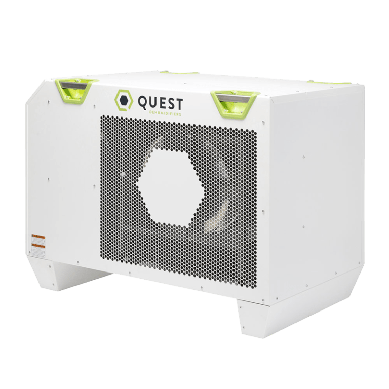 Photo of Quest 506 dehumidifier featuring a hexagon designed grill and green lift and hang points.