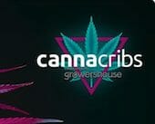 blue cannabis leaf behind Cannacribs logo on a dark background