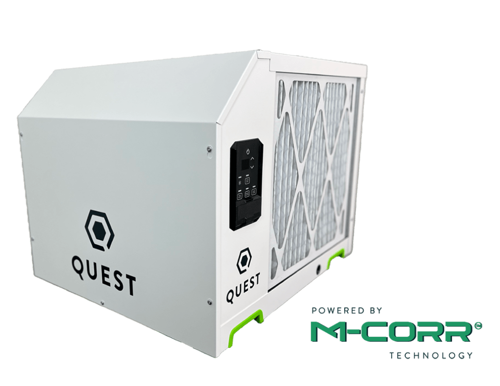 New Quest 225 dehumidifier with lime green handles, digital control panel and pleated filter, with a black Quest logo. Powered by M-CORR Technology floats alongside the dehumidifier.