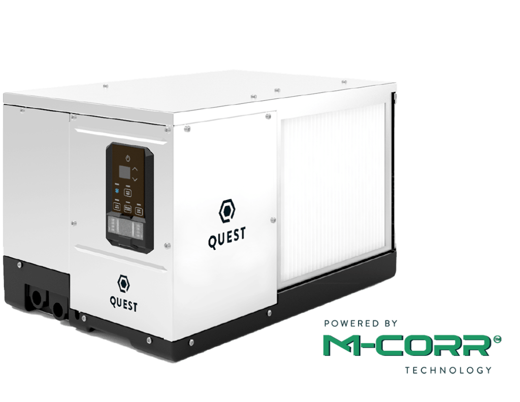 White Quest 100 Dehumidifier with black corrosion resistant base, digital controls, and MERV-13 filter on the side.