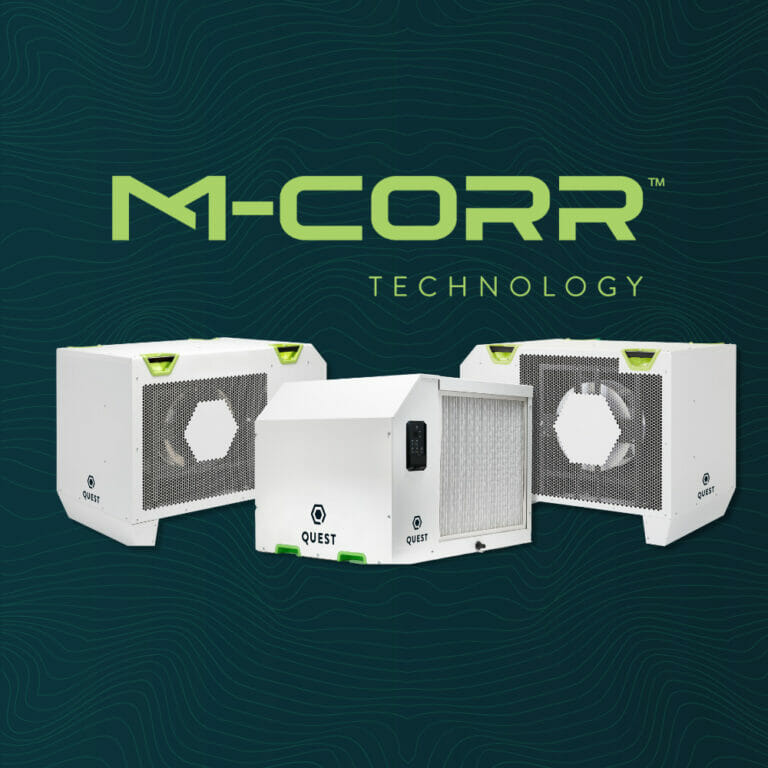 Three quest dehumidifiers lined up horizontally showing the M-CORR technology logo above