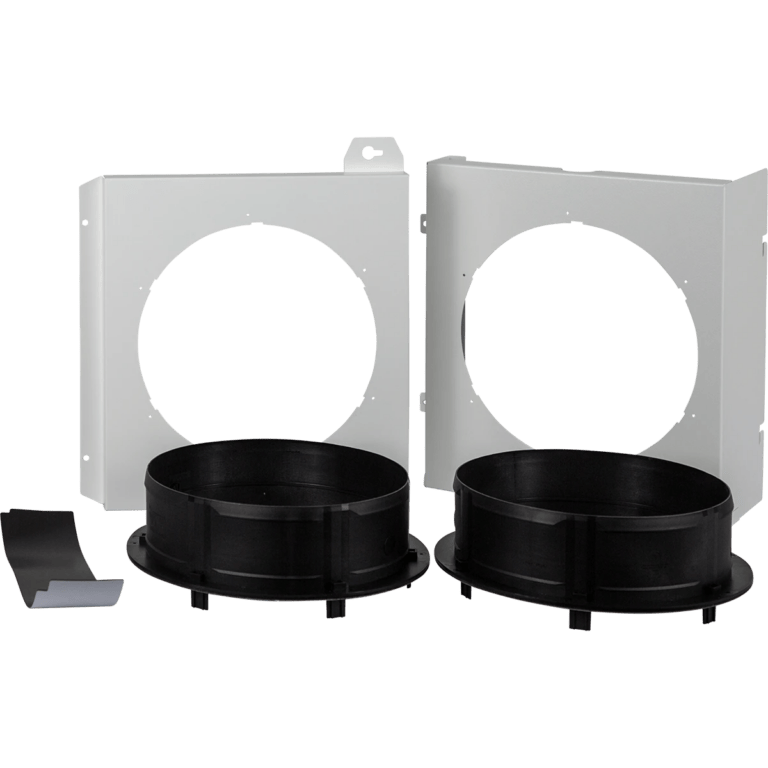 two white boxes with circular cutouts for ductwork, which can attach to Quest dehumidifier