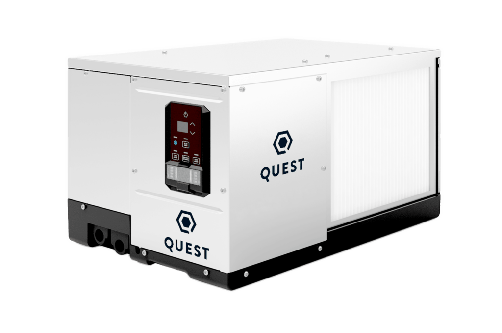 Quest 100 dehumidifier showing MERV-13 air filter with black corrosion-resistant base and digital control panel