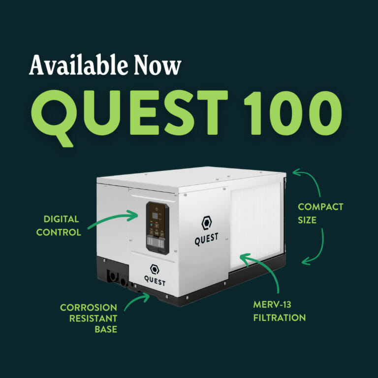 Available Now QUEST 100 with MERV-13 Filtration, Compact-size, Corrosion-Resistant base, and digital controls pointed out on the machine