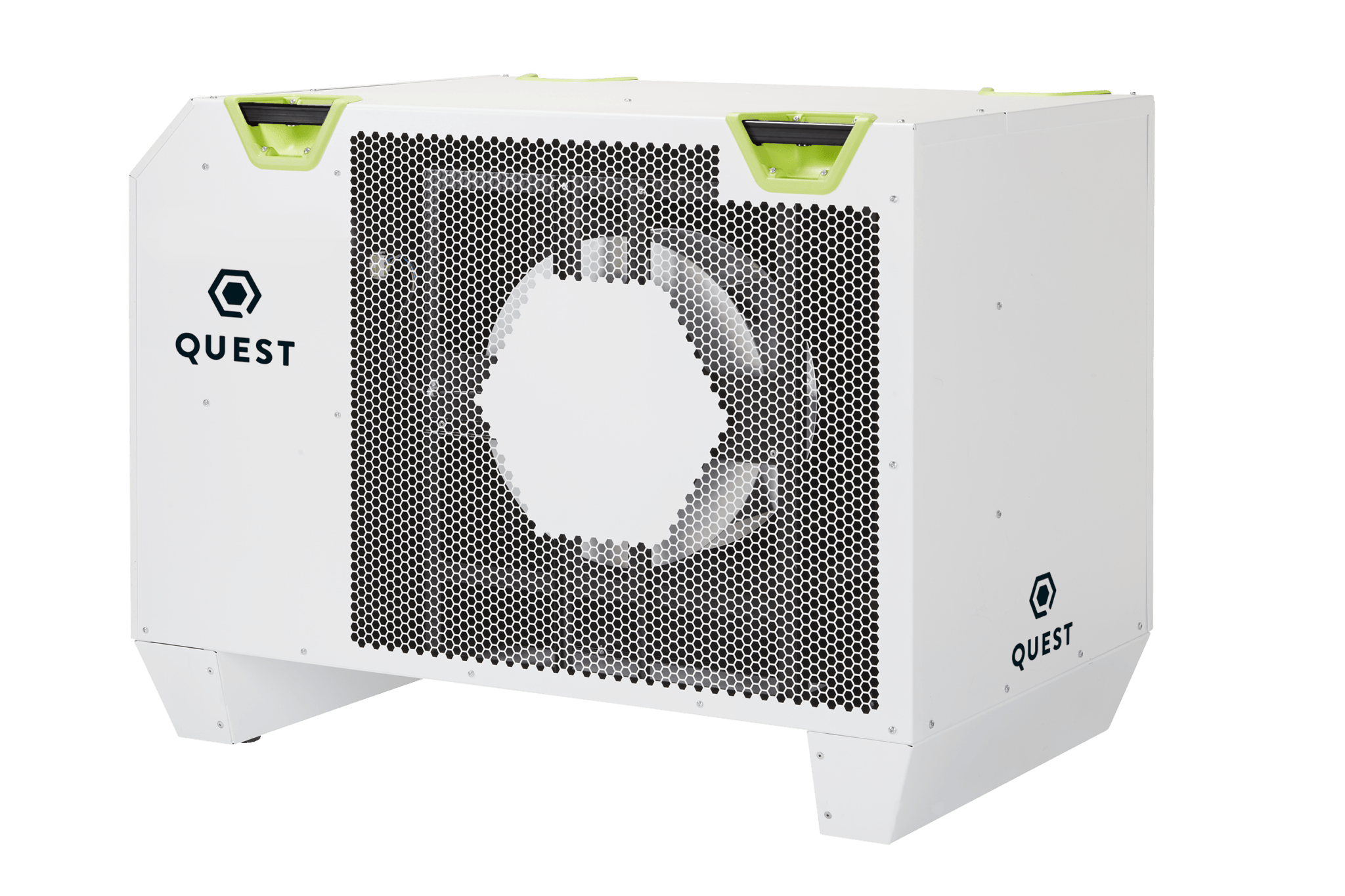 Quest 746 Dehumidifier with green and black handles and a hexagon shaped grill design