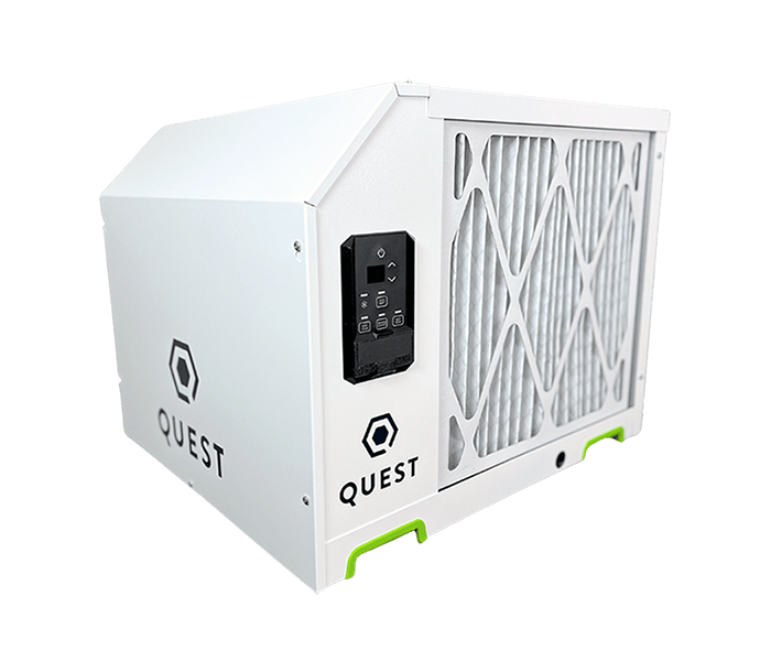 New, sleek, Quest 225 dehumidifier with green handles, black logo, and digital control panel