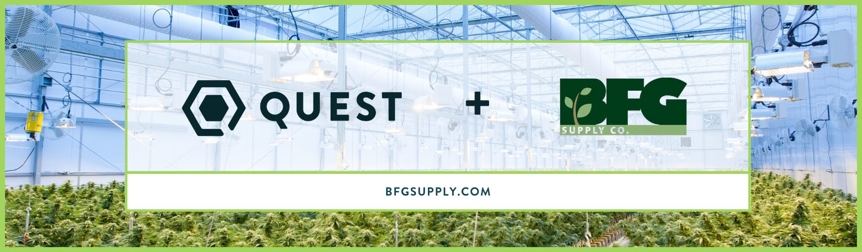 Quest + BFG Supply in front of a greenhouse cultivation